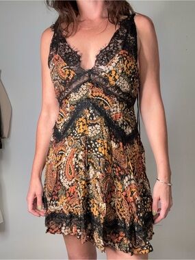 Free People Black Paisley Lace-Trim Slip Dress